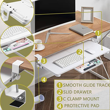 ETHU Keyboard Tray Under Desk, 26.77" X 11.81" Large Size Keyboard Tray with C Clamp-on Mount Easy to Install, Computer Keyboard Stand, Ergonomic Keyboard Tray for Home and Office(White) - color: White