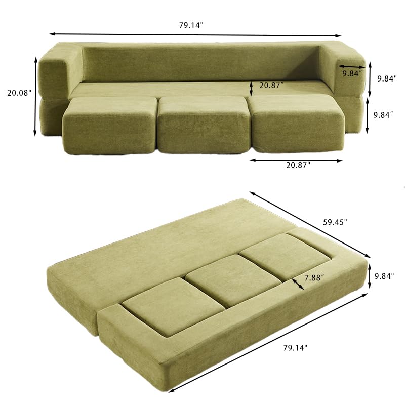 Detachable Combinable Reclinable Modular Sofa, Dual Purpose Lazy Sofa Bed for Small Apartments Rental Homes Living Room Bedroom (Green) - color: Green