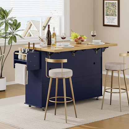 60" Kitchen Island with Power Outlet & Drop Leaf, Rolling Island with Spice Rack & Towel Rack, Kitchen Island Cart with Trash Storage Cabinet, Island Table for Kitchen, Blue - color: Blue