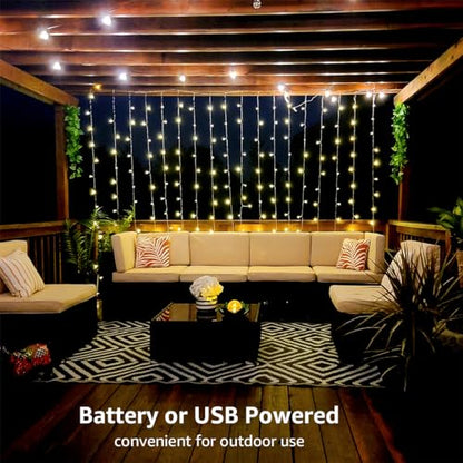 LE Fairy Curtain Lights Battery or USB Plug in, 9.8 x 9.8 ft Curtain of String Lights with Remote, 300 LED Indoor Outdoor Decorative Christmas Twinkle Lights for Bedroom, Patio, Party Wedding Backdrop | 10x10ft 300 LED Hanging Twinkle String Lights with R