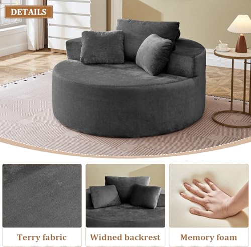 55" Oversized Round Chaise Longue Chair Indoor, Upholstered Terry Circle Single Cloud Reading Sofa Chair Deep Seat Modern Boneless Sleeper Couch No Assembly Required, Grey - color: Grey, style: 55"Terry