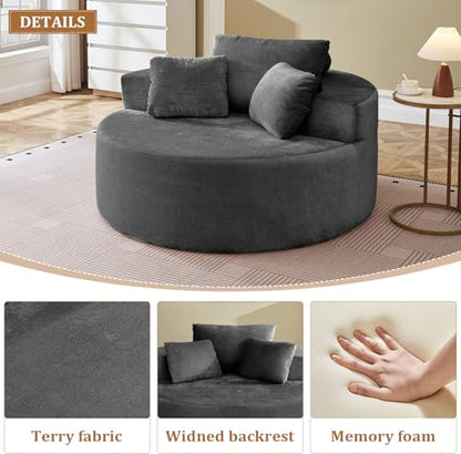 55" Oversized Round Chaise Longue Chair Indoor, Upholstered Terry Circle Single Cloud Reading Sofa Chair Deep Seat Modern Boneless Sleeper Couch No Assembly Required, Grey - color: Grey, style: 55"Terry