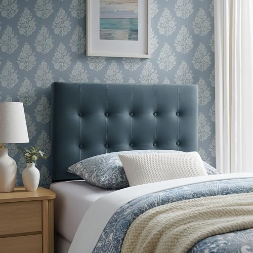 Modway Emily Twin Size Performance Velvet Headboard in Cadet Blue - Stain-Resistant Velvet Upholstery with Button Tufting and 7 Adjustable Height Positions - color: Cadet Blue, size: Twin