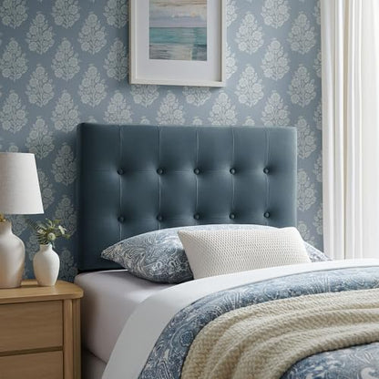 Modway Emily Twin Size Performance Velvet Headboard in Cadet Blue - Stain-Resistant Velvet Upholstery with Button Tufting and 7 Adjustable Height Positions - color: Cadet Blue, size: Twin