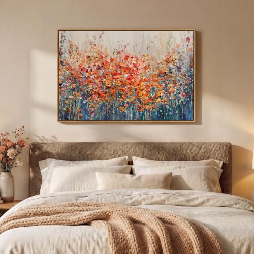 Framed Abstract Flower Wall Art, Colorful Botanical Floral Canvas Painting Prints for Modern Farmhouse Wall Art Decor, Wildflower Pictures for Living Room Bedroom Dining Room Wall Decor, 24x36 Inch - color: Orange & Blue