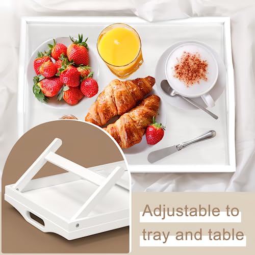 2 Pack Bed Tray Table Breakfast Trays Serving Tray Bamboo Bed Laptap with Folding Legs Handles and Phone Holders - color: White 2 Pack