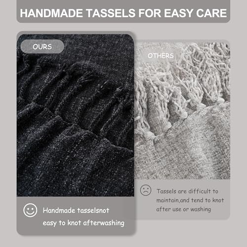 BATTILO HOME Black Chenille Throw Blanket, 50 x 60 Inches | Soft Chenille Knit with Handmade Fringe Tassels, Lightweight, Cozy and Less Prone to Tangling for Couch, Bed or Chair - color: Black
