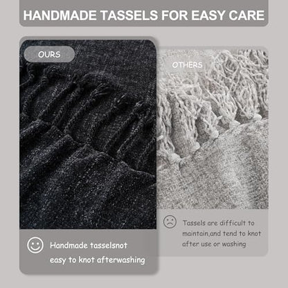 BATTILO HOME Black Chenille Throw Blanket, 50 x 60 Inches | Soft Chenille Knit with Handmade Fringe Tassels, Lightweight, Cozy and Less Prone to Tangling for Couch, Bed or Chair - color: Black
