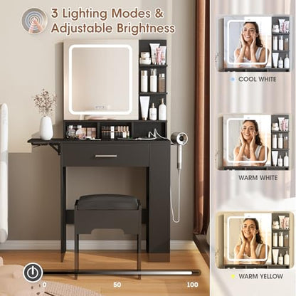 Fameill Vanity Desk with Mirror and Lights, Small Makeup Vanity | with Drawer & Storage Shelves, Black Dresser Table with Charging Station & Time Display, Vanity Set with Chair, for Bedroom