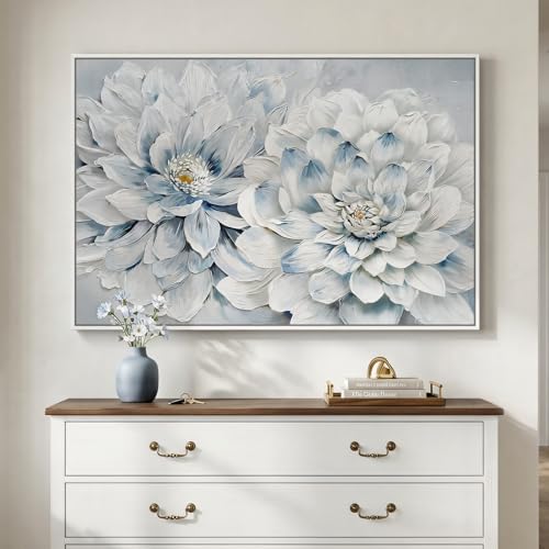 Framed Floral Wall Art, Modern Botanical Canvas Prints Artwork for Walls, Natural Pastel Watercolor Blue and White Elegant Flower Pictures for Living Room Bedroom Dining Room Wall Decor, 24x36 Inch - color: Blue and White-B