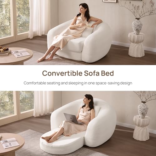 SICOTAS 49.9" Curved Convertible Sofa Couch Bed for Living Room Futon Cloud Boneless Sleeper Chair Pull Out Floor Couch with Deep Seat Single Sofa Foam Lounger No Assembly for Bedroom Apartment, White