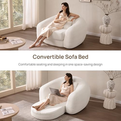 SICOTAS 49.9" Curved Convertible Sofa Couch Bed for Living Room Futon Cloud Boneless Sleeper Chair Pull Out Floor Couch with Deep Seat Single Sofa Foam Lounger No Assembly for Bedroom Apartment, White