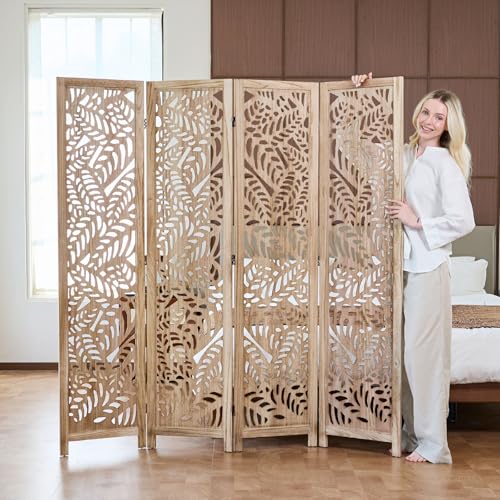 Leaf-Carved Room Divider Privacy Screen - 67 Inch Tall Foading Decorative Wood Screen Dividers Panel for Home - Natural Wood Room Partitions for Enhanced Privacy and Style Natural 4 Paned - color: Natural, size: 4 Panels
