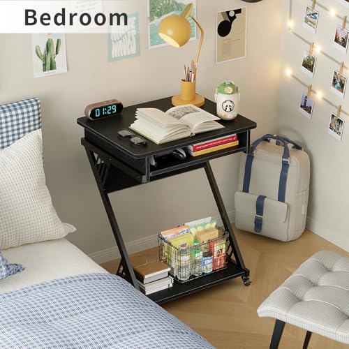 ALISENED Computer Desk for Small Spaces Compact Desk with Keyboard Tray | 23.6" Z-Shaped, with Wheels and Bottom Shelves, for Home Office, Computer Cart Mobile Laptop Cart, Black - color: Black