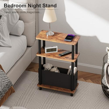 Apicizon Narrow Side Table with Fabric Basket, 3-Tier End Table,Brown Black | Sofa Side Table, Wood Storage Shelf, Slim Nightstand, Skinny Bedside Table for Narrow Spaces, Living Room, Bedroom - color: Rustic Brown and Black, style: Narrow Side Table with