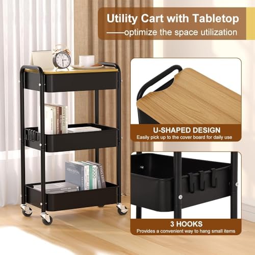 3 Tier Metal Utility Cart, Rolling Storage Cart with Wooden Tabletop, Metal Organizer Cart with Lockable Wheels for Office, Bedroom, Kitchen and Living Room (Black) - color: Black