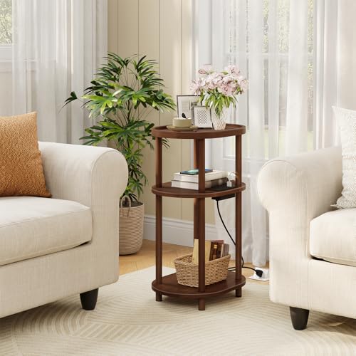 HOOBRO Small Side Table with Charging Station, 3-Tier Oval Bamboo End Table, Accent Table, Compact Sofa Bedside Table for Small Space, for Living Room, Bedroom, Apartment, Mocha MA177UBZ01 - color: Mocha