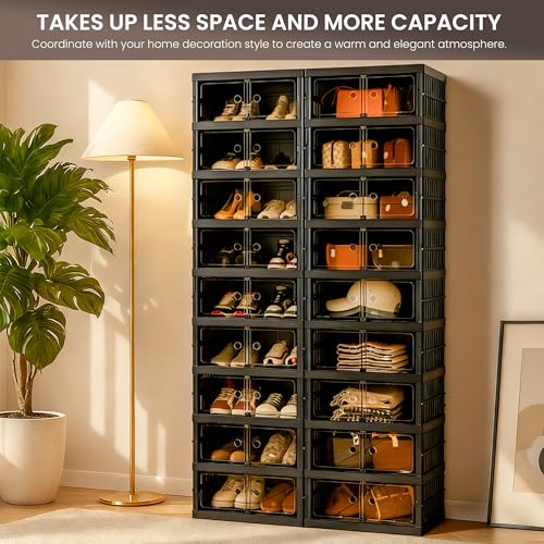 Foldable Shoe Organizer Storage Box, Portable Extra Large Folding Shoe Rack for Closet, Shoe Storage Box with Magnetic Transparent Door and Wheels, 9 Layers 18 Grids - size: Black 9 Layers-A
