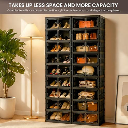 Foldable Shoe Organizer Storage Box, Portable Extra Large Folding Shoe Rack for Closet, Shoe Storage Box with Magnetic Transparent Door and Wheels, 9 Layers 18 Grids - size: Black 9 Layers-A