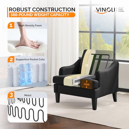VINGLI Linen Fabric Accent Chair Black, Modern Upholstered Armchair, Comfy Sofa Chair Living Room Bedroom Furniture for Apartment - color: Black