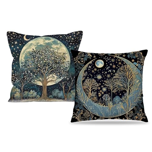 Vintage Dark William Morris Inspired Pillow Cover 18x18 Double-Sided, Dark Academia Forest Moon and Stars Decorative Throw Pillow Cover Case for Home Living Room Bedroom, Set of 2 - color: Forest Moon and Starsl-6