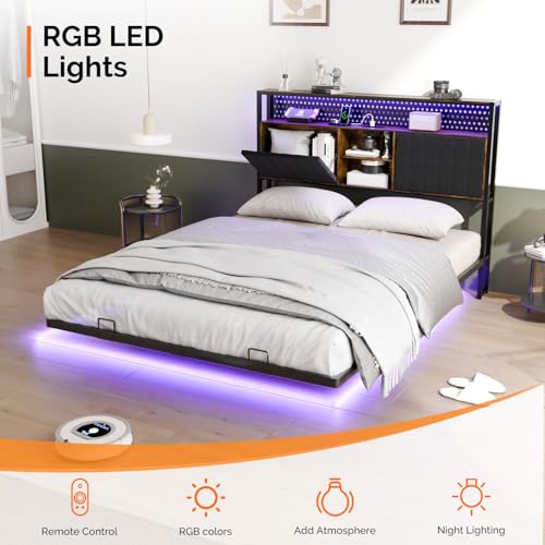 VINGLI Queen Size Floating Bed Frame with LED Lights and Charging Station, Cozy Hidden Storage Velvet Upholstered Bookcase Headboard,No Box Spring Needed,Easy Assembly,Black - color: Industrial Brown, size: Queen