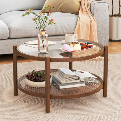 GIANTEX Rattan Coffee Table, Boho Round Glass Tea Table with PE Rattan Storage Shelf & Wood Frame, 2 Tier Accent Center Table for Living Room, Apartment, Small Space - color: Brown