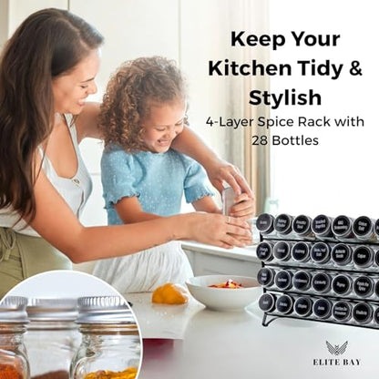 ELITE BAY-Spice Jar Rack Organizer– 4-Tier Organizer 28 Bottles,180 Labels, Funnel.