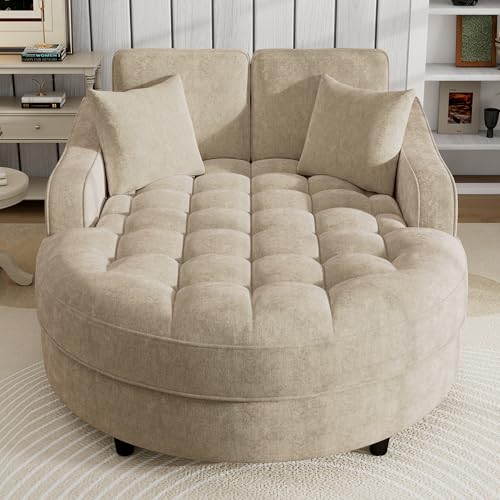 55" Modern 2-Seater Chaise Lounge Sofa Bed - Chenille Upholstered Loveseat Couch with Tufted Seat & Detachable Pillows, Space-Saving Sleeper Sofa (Champagne) - color: Champagne