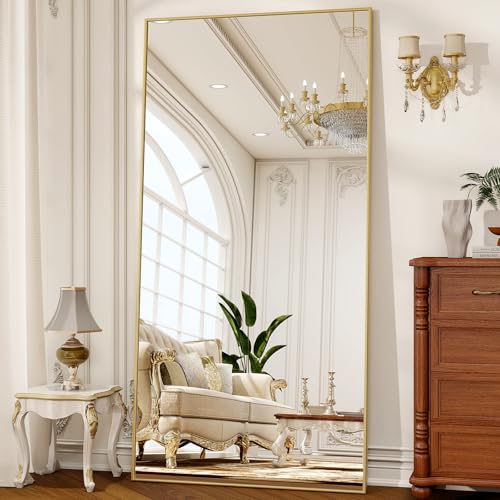 80" x 40" Oversized Full Length Mirror with Stand, Gold | Standing/Leaning/Wall Mounted Large Full Body Floor Mirror for Bedroom, Living Room, Entryway with Aluminum Alloy Frame - color: Gold, size: 80"L x 40"W