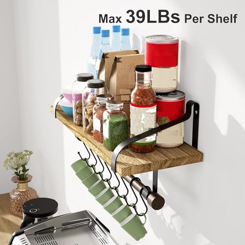 Love-KANKEI 17.3"Floating Wall Shelves Set of 2,Solid Wood,Carbonized Black | Coffee Bar,Spice Rack,Towel Bar/8 Hooks,39 Lbs/shelf,Easy to Install,For Kitchen,Bathroom,Living Room,Bedroom,Office,Entryway - color: Carbonized Black