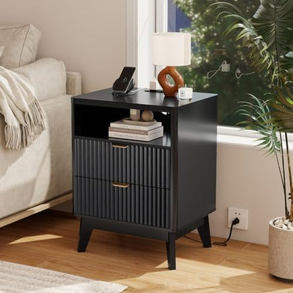 LYNCOHOME Fluted Nightstand with Charging Station, 19.7 inch Wide End Table with 2 Drawers, Modern Wood Bedside Table for Bedroom, Black,1 Pcs - color: Black, size: 15"D x 19.7"W x 25.5"H（2 Drawers）