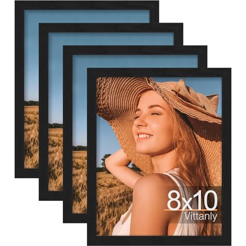 Vittanly 8x10 Picture Frames Set of 4, for Wall or Tabletop Display, Black | Display Pictures 5x7 with Mat or 8x10 without Mat, Engineered Wood with Shatter Resistant Plexiglass, Wall Gallery Frames - color: Black, size: 8x10