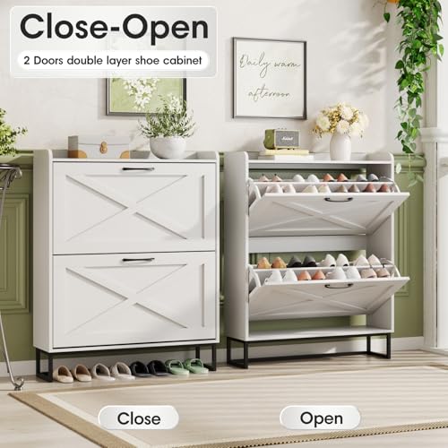Maupvit Shoe Cabinet with 2 Flip Drawers, Freestanding Shoe Cabinet Organizer with Metal Legs, Shoes Storage Cabinet for Entryway, Narrow Shoe Rack Cabinet, White - color: White, style: 2-Drawers