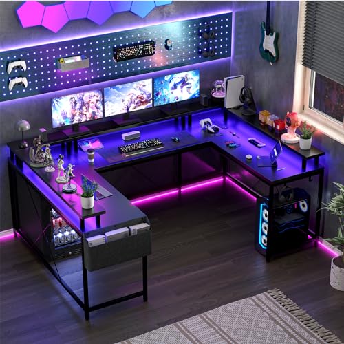 GarveeHome U Shaped Desk with Power Outlets & LED Lights, 79 in Reversible L Shaped Desk, Corner Computer Desk Office Desk with Full Monitor Stand, Black