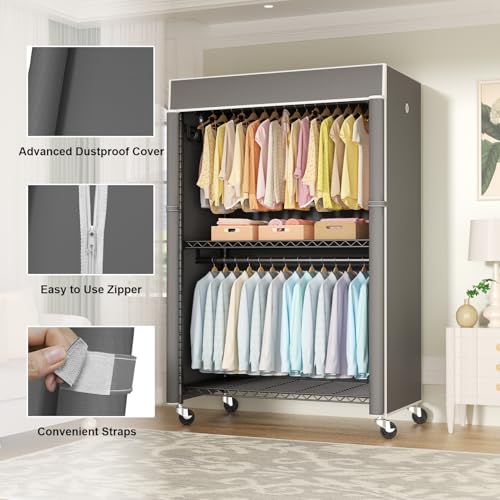 Black Clothing Rack with Dark Gray Cover, P1C Plus Rolling Closet | Metal Garment Rack with Wheels for Hanging Clothes, Portable Clothing Storage Wardrobe - color: Black Rack with Dark Gray Cover