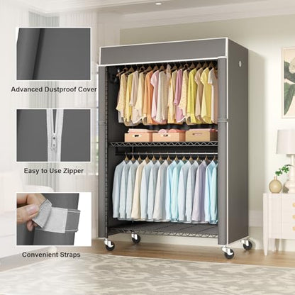 Black Clothing Rack with Dark Gray Cover, P1C Plus Rolling Closet | Metal Garment Rack with Wheels for Hanging Clothes, Portable Clothing Storage Wardrobe - color: Black Rack with Dark Gray Cover