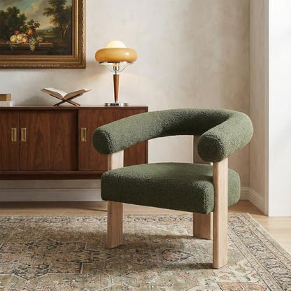 VKNOW Barrel Accent Chair, Vanity Chair with Armrests and Rubberwood Legs | Mid Century Modern Upholstered Living Room Chairs with Open Back, Sherpa Fabric, arm chair for Living Room, Bedroom, Green - color: Green, size: Set of 1