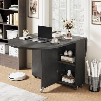 Jocoevol Round Folding Dining Table for 6, Space Saving Drop Leaf Kitchen Table with Storage Drawer, 6 Wheels Oval Gateleg Foldable Dining Table for Small Spaces (Black, 51" x 31.5" x 30") - color: Black