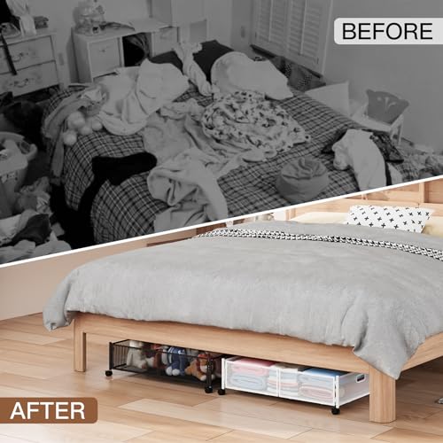 Gawerk Under Bed Storage with Wheels, Foldable Metal Mesh Underbed Storage Container Bins, Tool-free Assembly Clothes Drawer Organizer, 2Pack - color: White