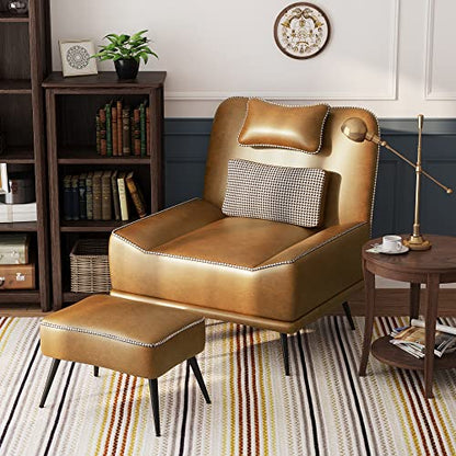 35" Accent Chair with Ottoman, Wide PU Leather Chair and Ottoman | Oversized Upholstered Armless Chair Mid Century Modern Side Chair with Ottoman For Living Room Bedroom Lounge Chair Brown - color: Brown