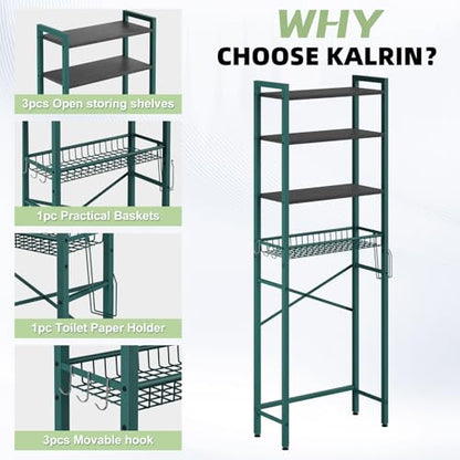 Kalrin Over-The-Toilet Storage Rack, 4-Tier Bathroom Organizer Shelf Over Toilet with Adjustable Shelf and Basket, Freestanding Space Saver Bathroom Shelves Above Toilet for Room (Green- Black) - color: Green- Black