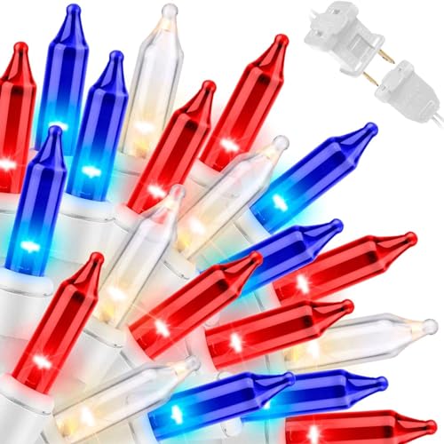 100 Count Red White and Blue Mini String Lights with White Wire,Connectable 19.6ft 120V Waterproof 4th of July Patriotic Incandescent Lights, Independence Day Lights for Outdoor Indoor Decor - color: Red White Blue