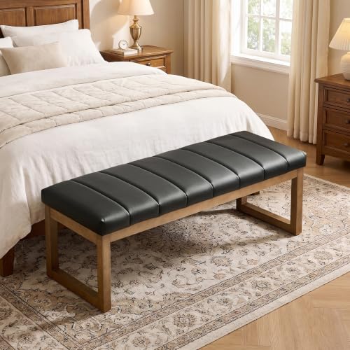 52.7" Bedroom Bench for End of Bed, Faux Leather Entryway Bench (Black-PU) | Modern Upholstered Dining Bench & Footrest Stool Bench with Solid Wood Frame for Bedroom, Living Room - color: Black-pu