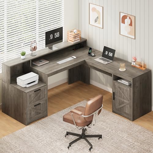 63" Farmhouse L Shaped Desk with Drawers & Printer Shelf for Home Office | Corner Computer Desk with Storage, Power Outlets, L Shaped Office Desk with Monitor Stand, Printer Shelf, Gray - color: Grey