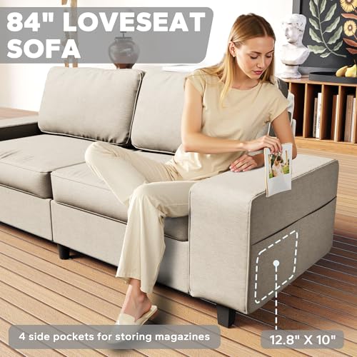 84" Loveseat Couch, 3 Seater Chenille Sofa with 4 Side Pockets, Removable and Washable Cushions, Mid Century Modern, Living Room, Apartment, Studio (Cream) - color: Cream Chenille, size: 84 "