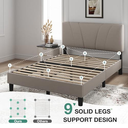 Novilla Queen Bed Frame with Headboard, Bed Frame Queen Size with Wood Slats Support,Linen Upholstered Adjustable Headboard, No Box Spring Needed, Heavy Duty Feet, Easy Assembly, Beige - color: Beige, size: Queen