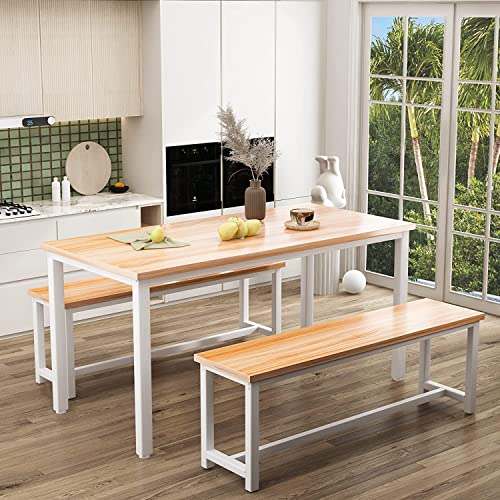 Dining Room Table Set with 2 Benches, Farmhouse Dining Table Set for 4, Wood Breakfast Dinner Table Set for Breakfast Nook Small Spaces, Beige - color: Oak