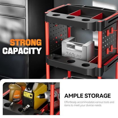 Auto Dynasty 3-Tier Rolling Cart w/Cup Holders & Pegboard, 120kg Capacity | 120 Kg/260 Lbs Capacity, 3-Tier Storage w/ 9 Cup Holders & 2 Pegboards, Rolling Wheels, for Home/Garage/Warehouse/Workshop - style: with Pegboard & Cup Holders