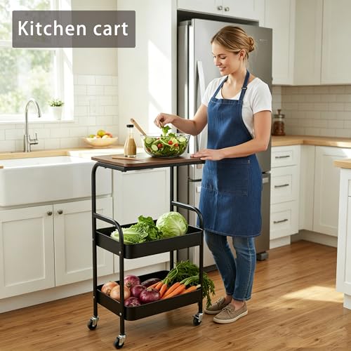 3-Tier Metal Rolling Utility Cart with Walnut-Textured Top on Wheels Craft Cart and Side Table for Bedside, Kitchen, Office, Bathroom & Craft Room